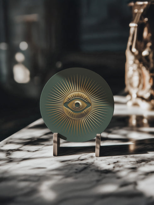 Round ceramic coaster with sage green background featuring a gold Evil Eye symbol in the center with radiating gold sunburst lines extending outward from the eye design.